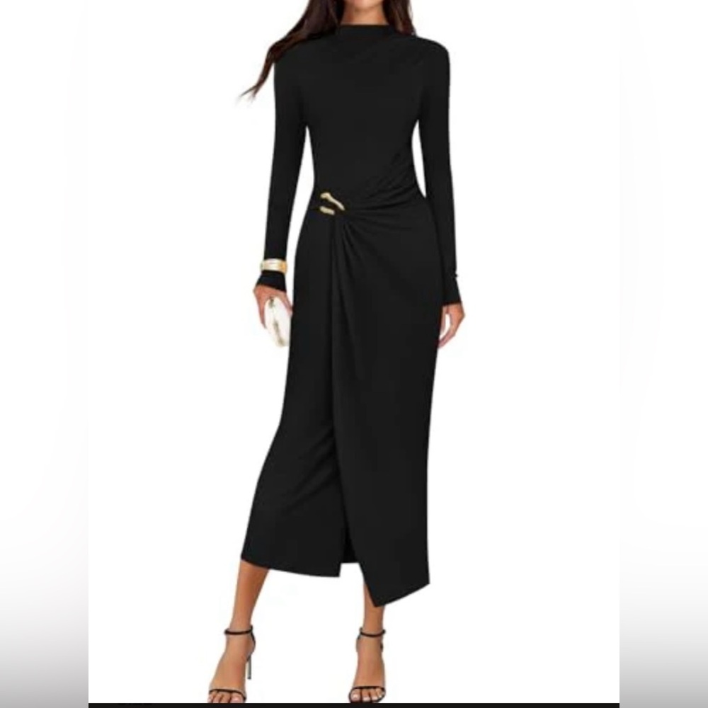 Zesica NWT Black Long Sleeve Mock Neck Ruched Midi Dress Gold Ring Detail